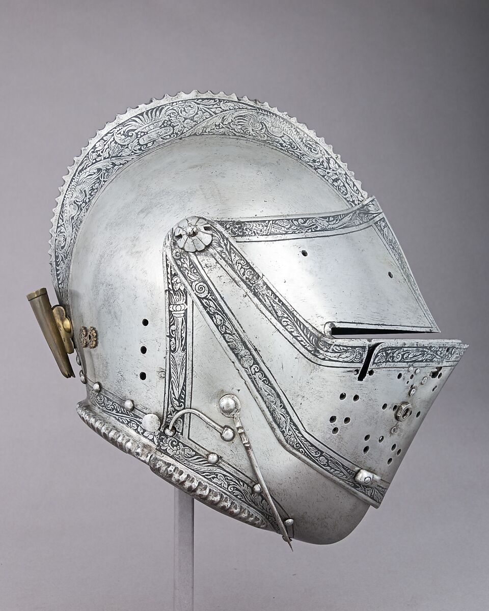 Close Helmet for the Tourney, Ornament copied from a design by Daniel Hopfer (German, Kaufbeuren 1471–1536 Augsburg), Steel, leather, brass, Austrian, Innsbruck