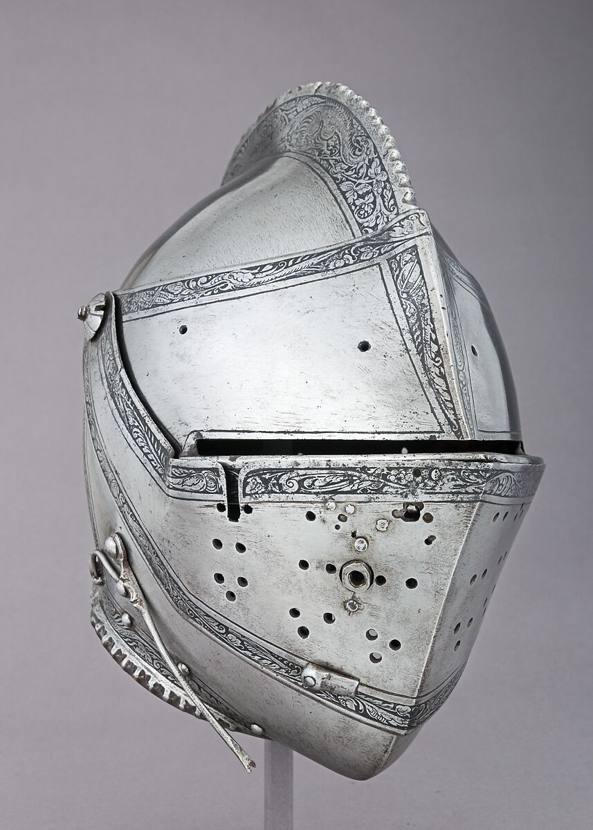 Close Helmet for the Tourney, Ornament copied from a design by Daniel Hopfer (German, Kaufbeuren 1471–1536 Augsburg), Steel, leather, brass, Austrian, Innsbruck 