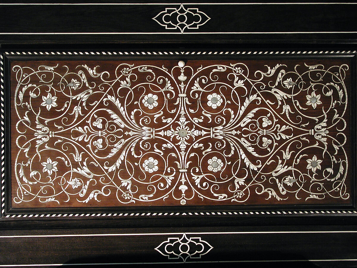 Bookstand, Design attributed to Charles-Auguste Questel (1807–1888), Ebony, ebony veneer, ebonized maple, oak, maple, rosewood, snakewood, ivory, mother-of-pearl; brass hardware and mounts; lined with silk velvet not original to the piece, French, Paris