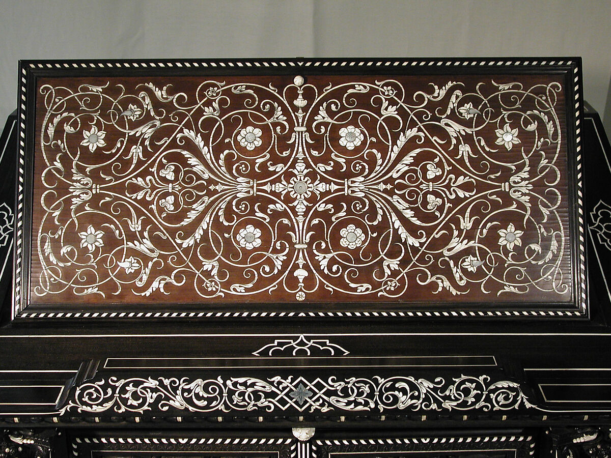 Bookstand, Design attributed to Charles-Auguste Questel (1807–1888), Ebony, ebony veneer, ebonized maple, oak, maple, rosewood, snakewood, ivory, mother-of-pearl; brass hardware and mounts; lined with silk velvet not original to the piece, French, Paris