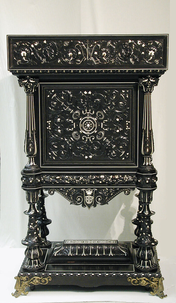 Bookstand, Design attributed to Charles-Auguste Questel (1807–1888), Ebony, ebony veneer, ebonized maple, oak, maple, rosewood, snakewood, ivory, mother-of-pearl; brass hardware and mounts; lined with silk velvet not original to the piece, French, Paris