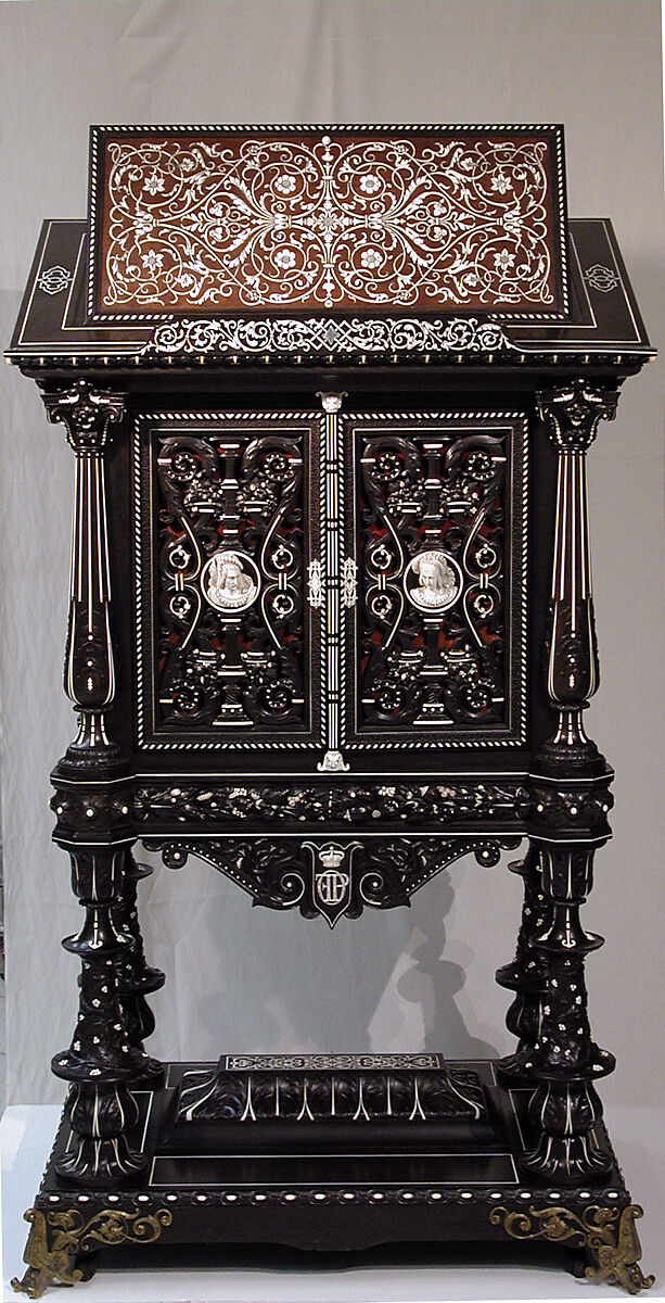 Bookstand, Design attributed to Charles-Auguste Questel (1807–1888), Ebony, ebony veneer, ebonized maple, oak, maple, rosewood, snakewood, ivory, mother-of-pearl; brass hardware and mounts; lined with silk velvet not original to the piece, French, Paris