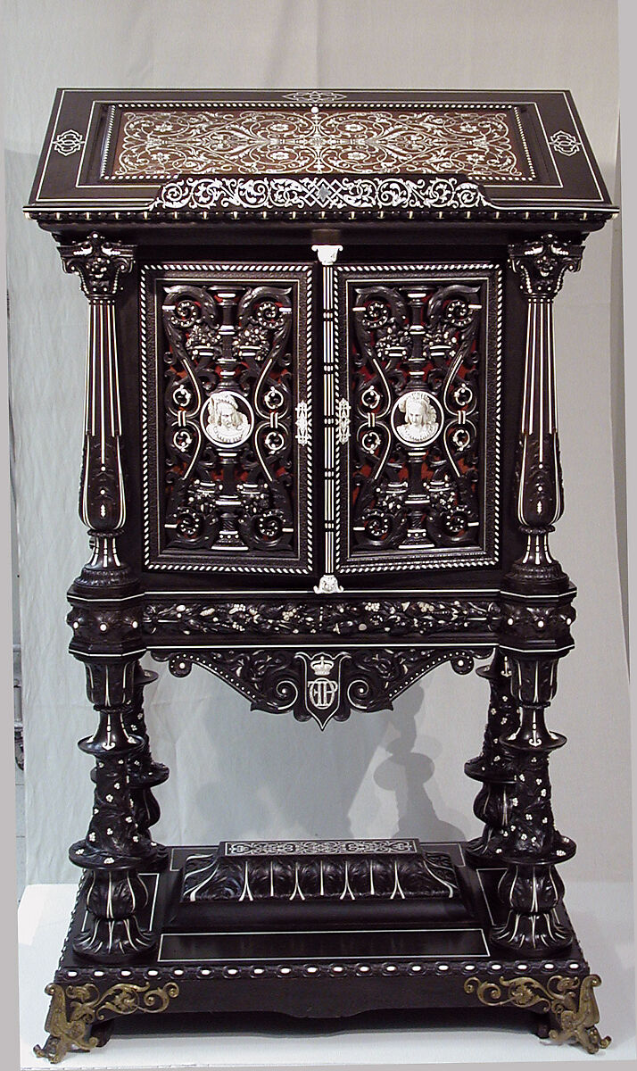 Bookstand, Design attributed to Charles-Auguste Questel (1807–1888), Ebony, ebony veneer, ebonized maple, oak, maple, rosewood, snakewood, ivory, mother-of-pearl; brass hardware and mounts; lined with silk velvet not original to the piece, French, Paris