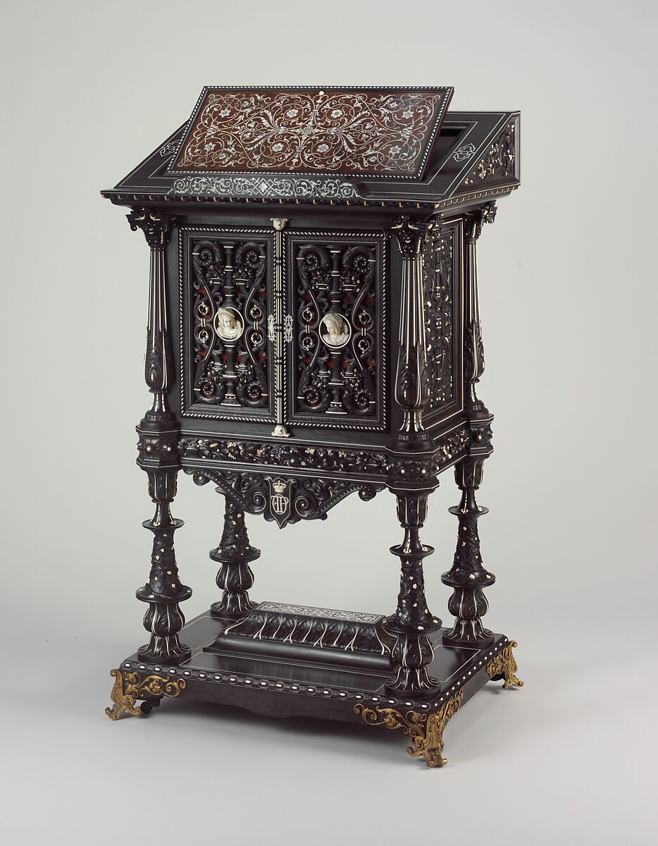 Bookstand, Design attributed to Charles-Auguste Questel (1807–1888), Ebony, ebony veneer, ebonized maple, oak, maple, rosewood, snakewood, ivory, mother-of-pearl; brass hardware and mounts; lined with silk velvet not original to the piece, French, Paris 