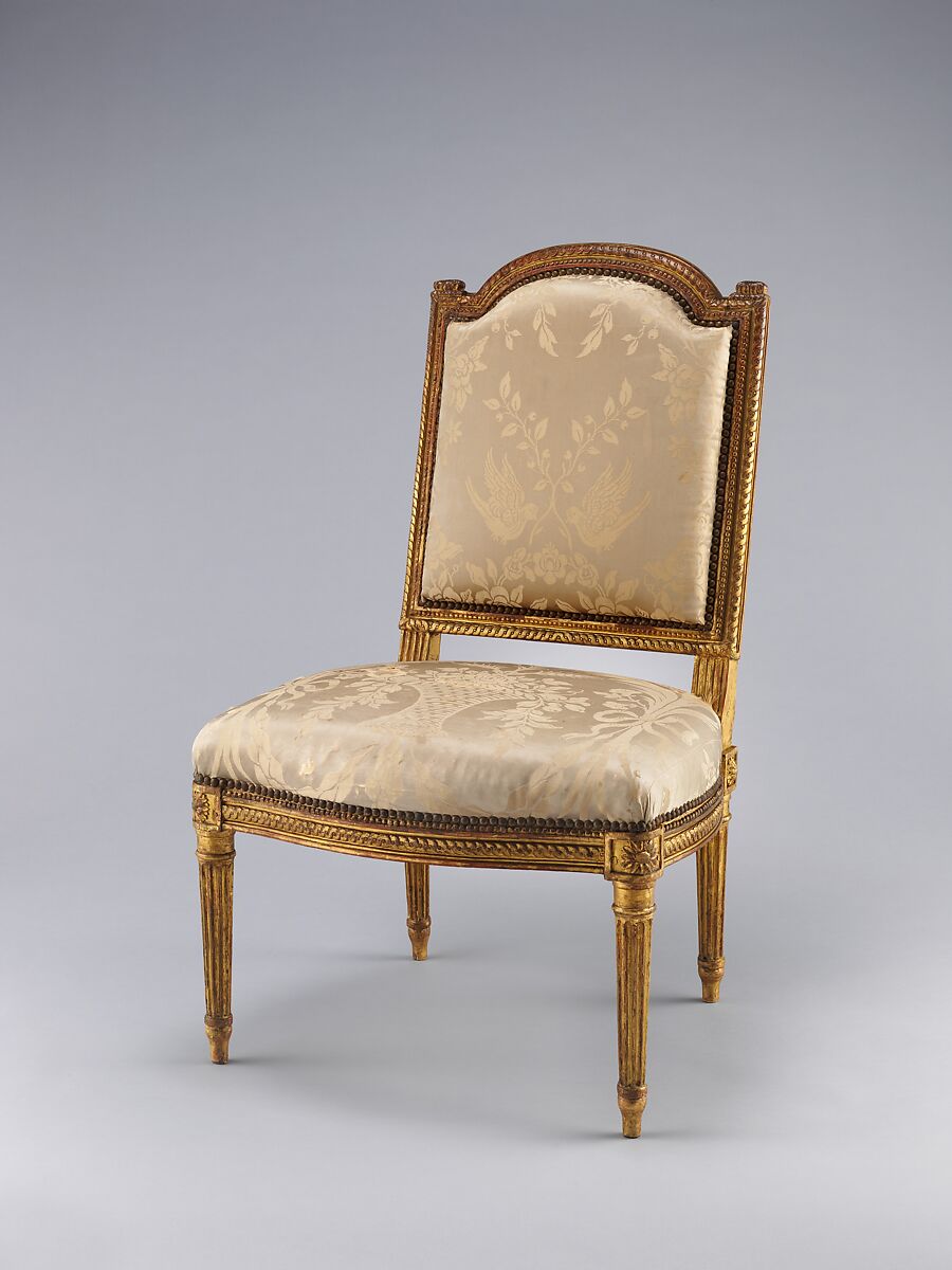Side chair (Chaise à la reine) (part of a set), Jean Baptiste Boulard (French, 1725–1789), Carved and gilded beech; silk damask (not original), French, Paris 