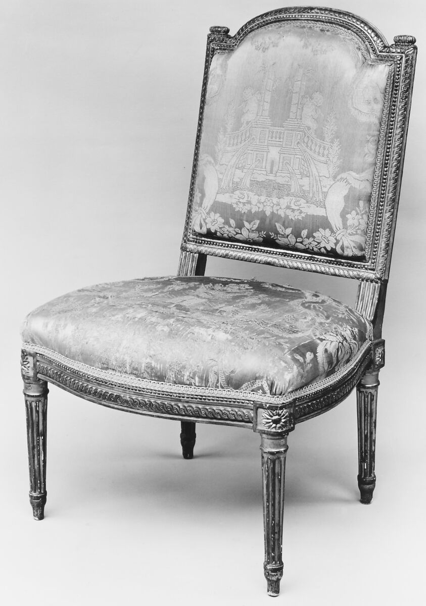 Side chair (Chaise à la reine) (part of a set), Jean Baptiste Boulard (French, 1725–1789), Carved and gilded beech; silk damask (not original), French, Paris 