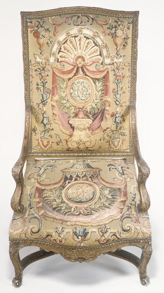 Armchair, Tapestry woven at Beauvais, Carved and gilded beechwood, with Beauvais tapestry covers of silk and wool, French 