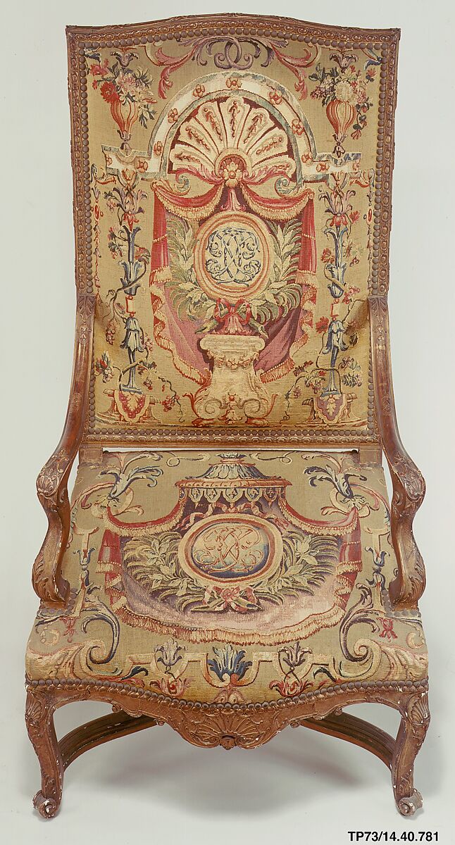 Armchair, Tapestry woven at Beauvais, Carved and gilded beechwood, with Beauvais tapestry covers of silk and wool., French 