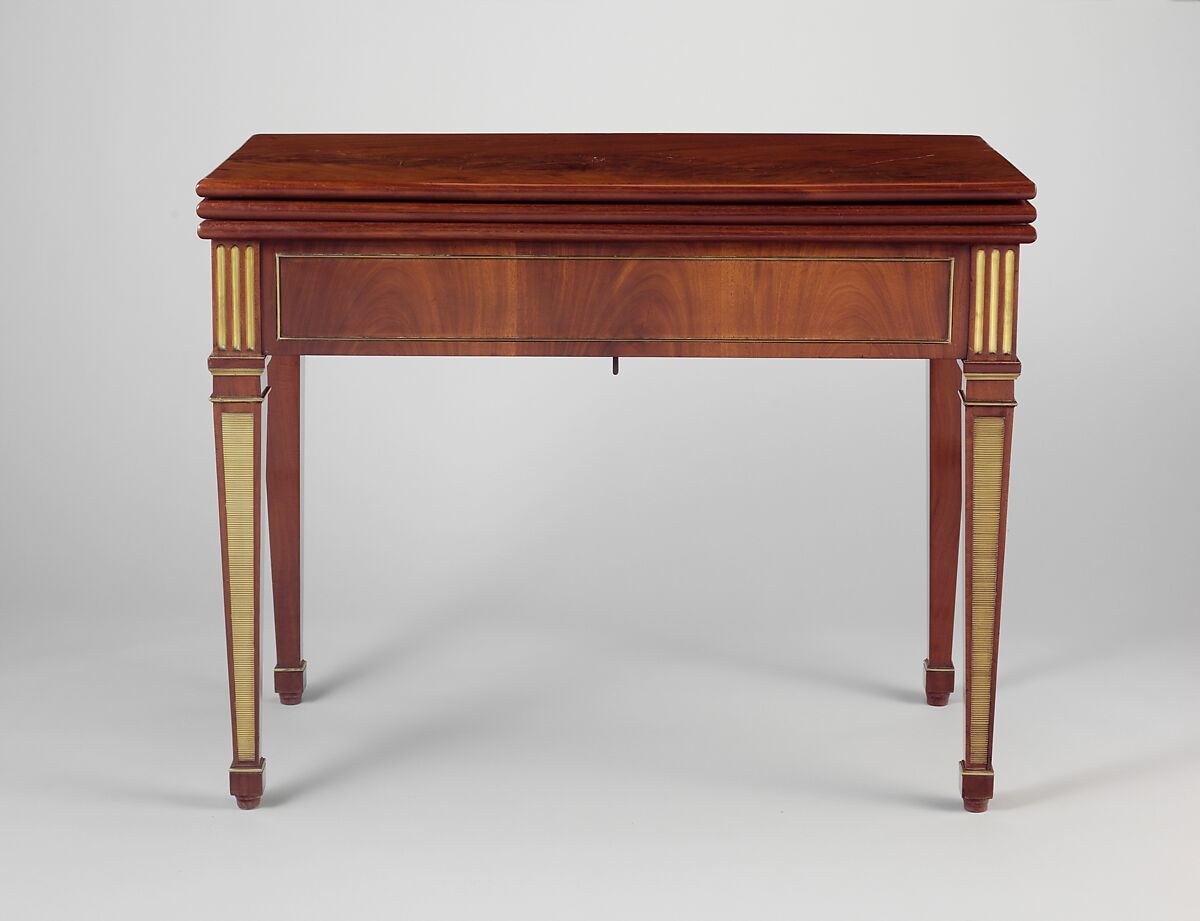 Game table, David Roentgen (German, Herrnhaag 1743–1807 Wiesbaden, master 1780), Oak and walnut, veneered with mahogany, maple, holly (the last two partially stained); iron, steel, brass, gilt bronze; felt and partially tooled and gilded leather, German, Neuwied am Rhine