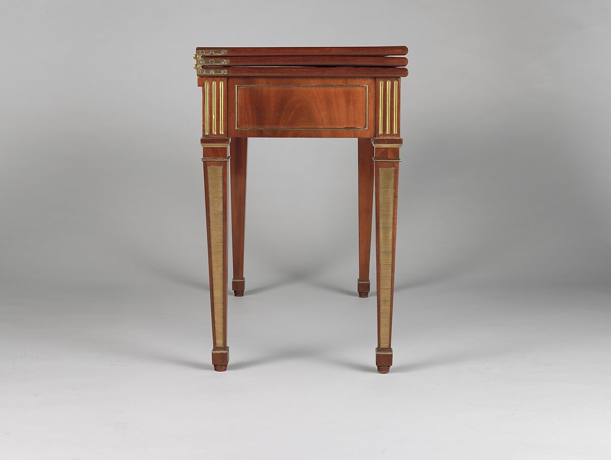 Game table, David Roentgen (German, Herrnhaag 1743–1807 Wiesbaden, master 1780), Oak and walnut, veneered with mahogany, maple, holly (the last two partially stained); iron, steel, brass, gilt bronze; felt and partially tooled and gilded leather, German, Neuwied am Rhine
