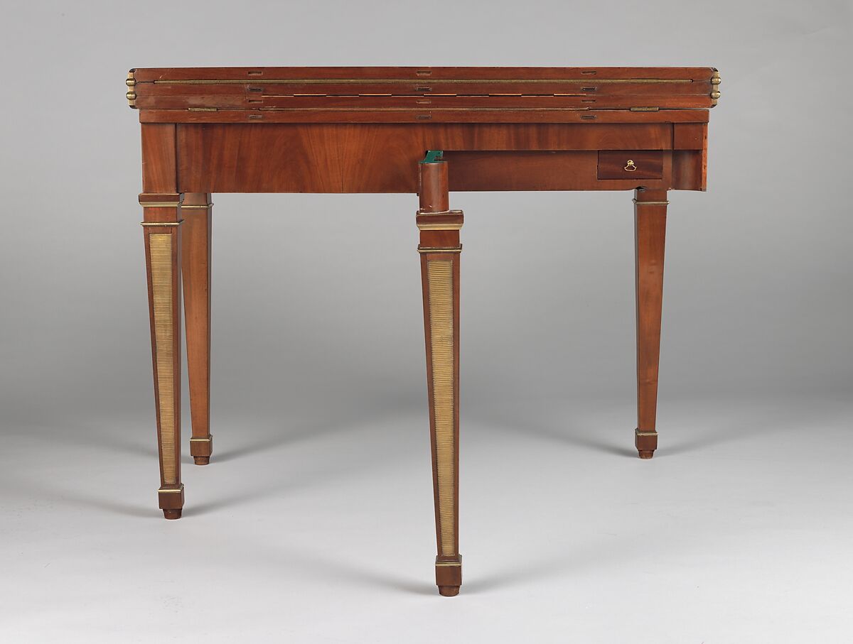 Game table, David Roentgen (German, Herrnhaag 1743–1807 Wiesbaden, master 1780), Oak and walnut, veneered with mahogany, maple, holly (the last two partially stained); iron, steel, brass, gilt bronze; felt and partially tooled and gilded leather, German, Neuwied am Rhine