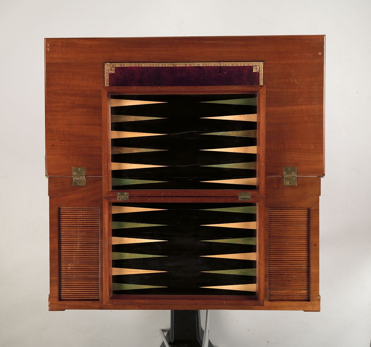 Game table, David Roentgen (German, Herrnhaag 1743–1807 Wiesbaden, master 1780), Oak and walnut, veneered with mahogany, maple, holly (the last two partially stained); iron, steel, brass, gilt bronze; felt and partially tooled and gilded leather, German, Neuwied am Rhine