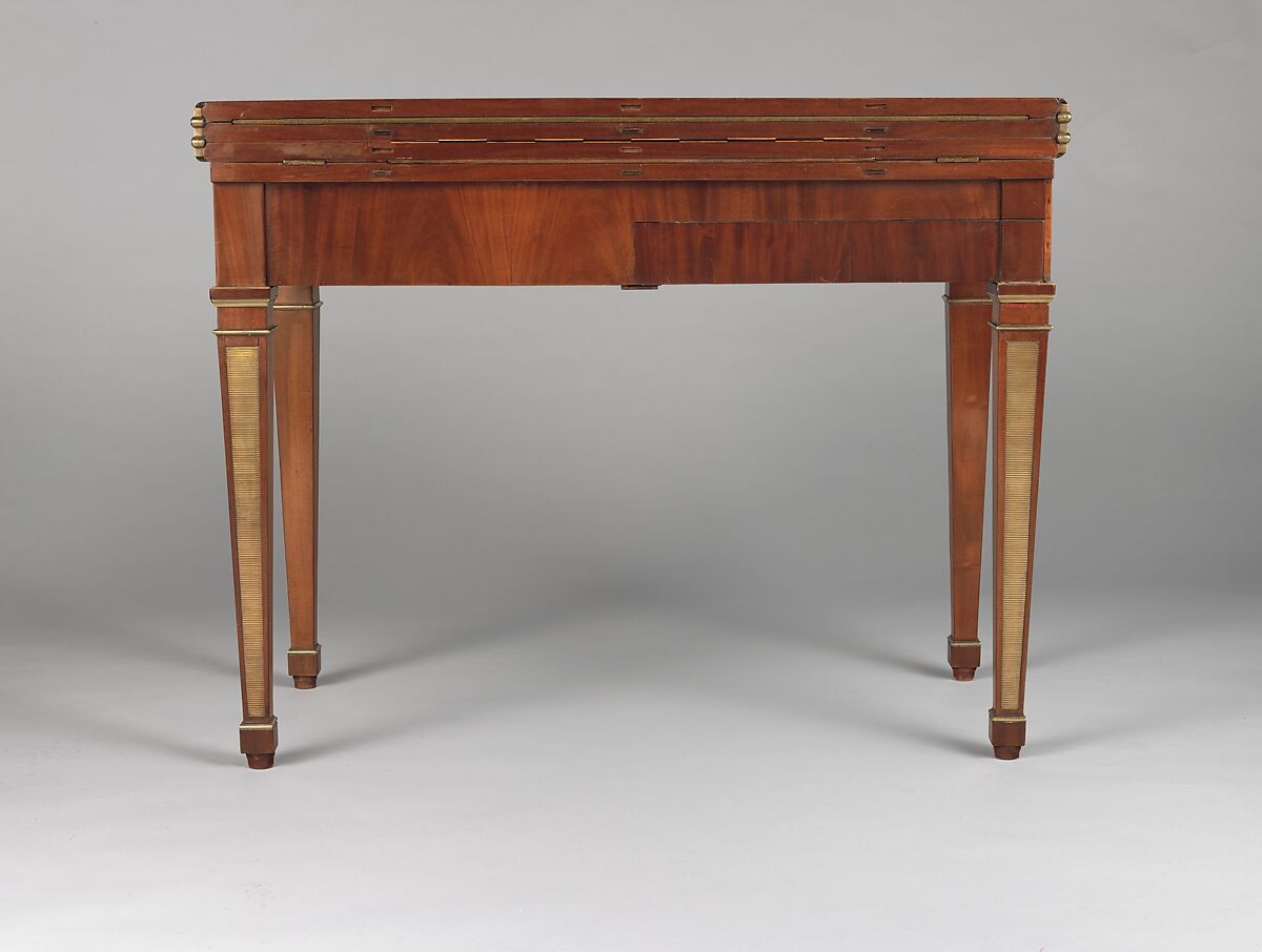 Game table, David Roentgen (German, Herrnhaag 1743–1807 Wiesbaden, master 1780), Oak and walnut, veneered with mahogany, maple, holly (the last two partially stained); iron, steel, brass, gilt bronze; felt and partially tooled and gilded leather, German, Neuwied am Rhine