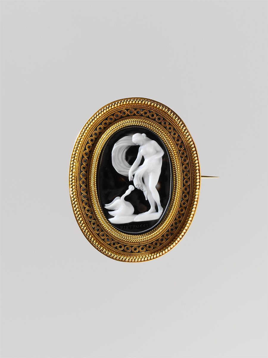 Nymph and Swan, Cameo by Benedetto Pistrucci (Italian, 1783–1855, active England), Agate cameo; gold mount with black enamel, Italian, Rome 