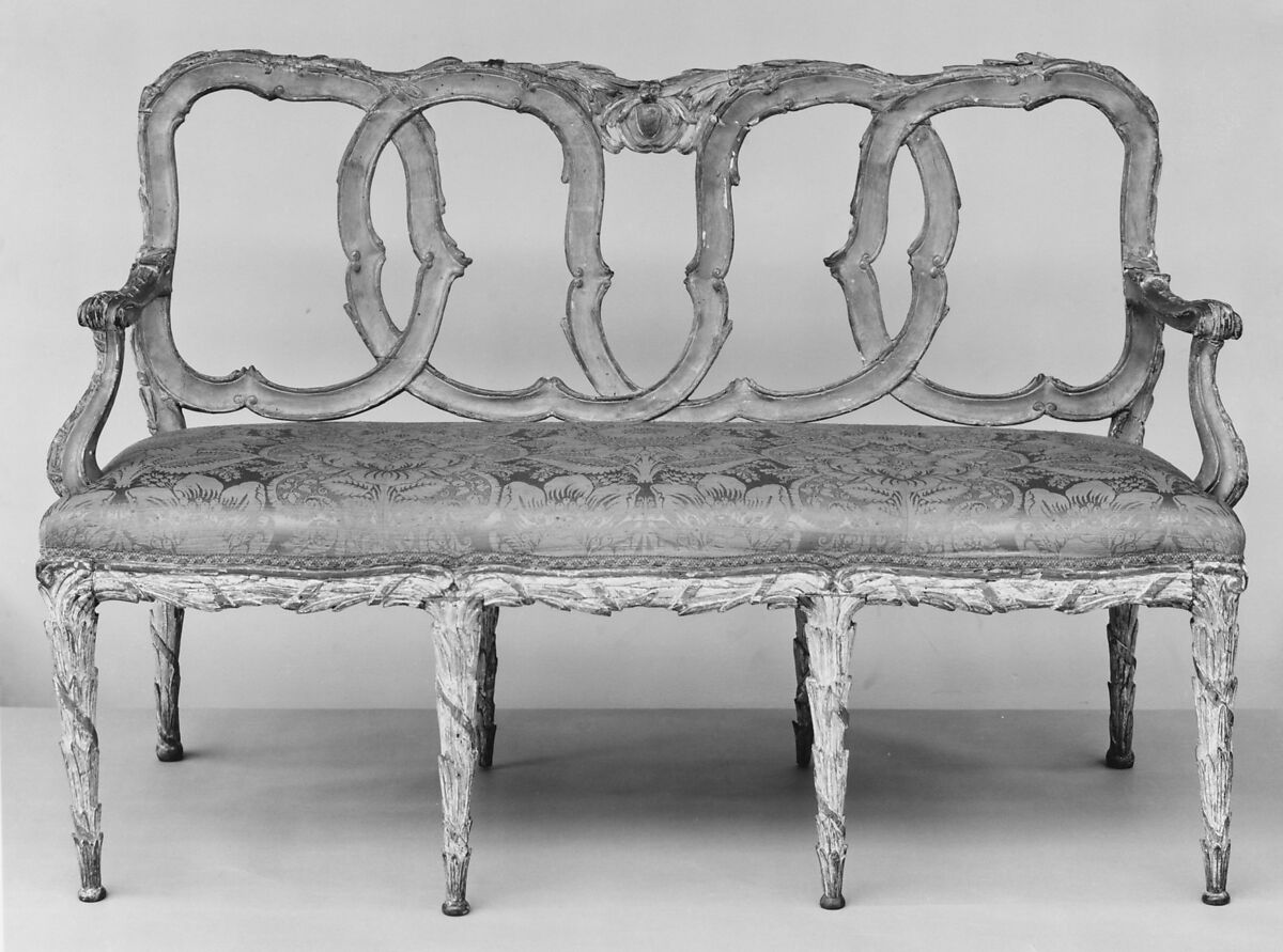 Settee, Walnut, painted and gilded; damask, Italian 