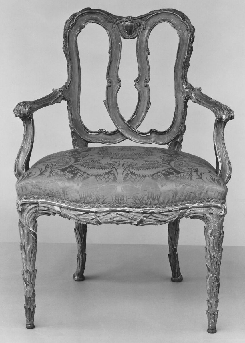 Armchair, Walnut, painted and gilded; damask, Italian 