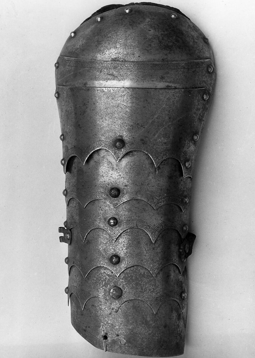 Composed Armor, Left elbow cop (h) marked by Guillem Margot (Flemish, active Brussels, recorded 1505–20), Steel, leather, Italian, probably Milan
