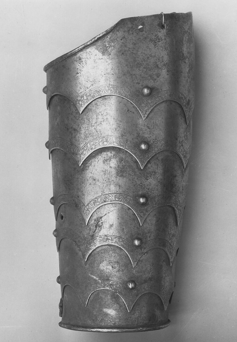 Composed Armor, Left elbow cop (h) marked by Guillem Margot (Flemish, active Brussels, recorded 1505–20), Steel, leather, Italian, probably Milan