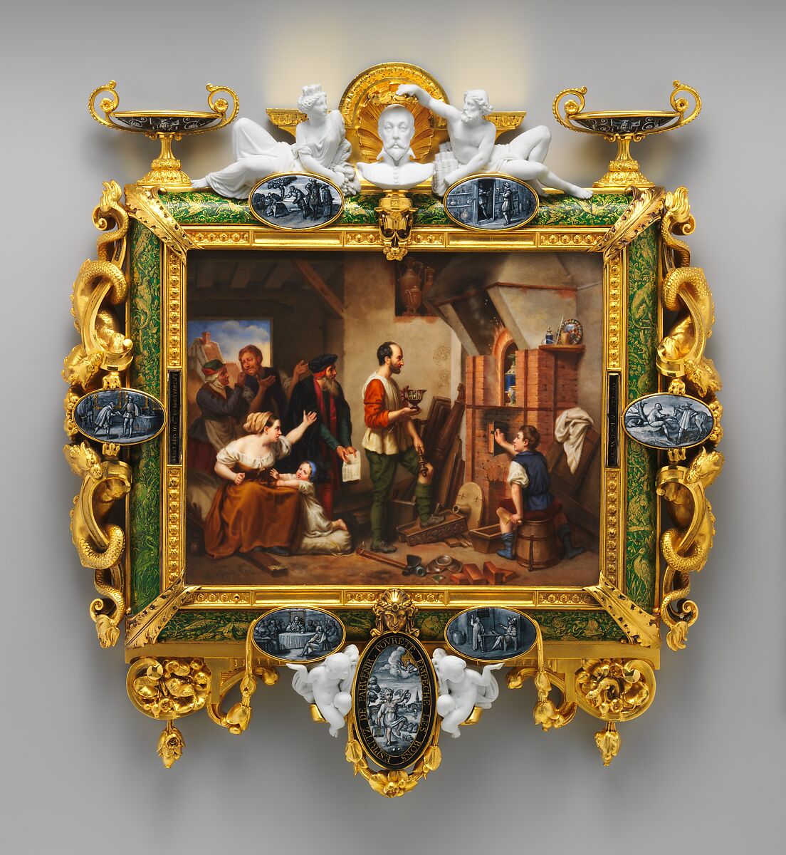 Plaque depicting Bernard Palissy, Sèvres Manufactory (French, 1740–present), Hard-paste porcelain decorated in polychrome enamels; gilt-bronze, polychrome enamel, biscuit-porcelain frame, French, Sèvres 