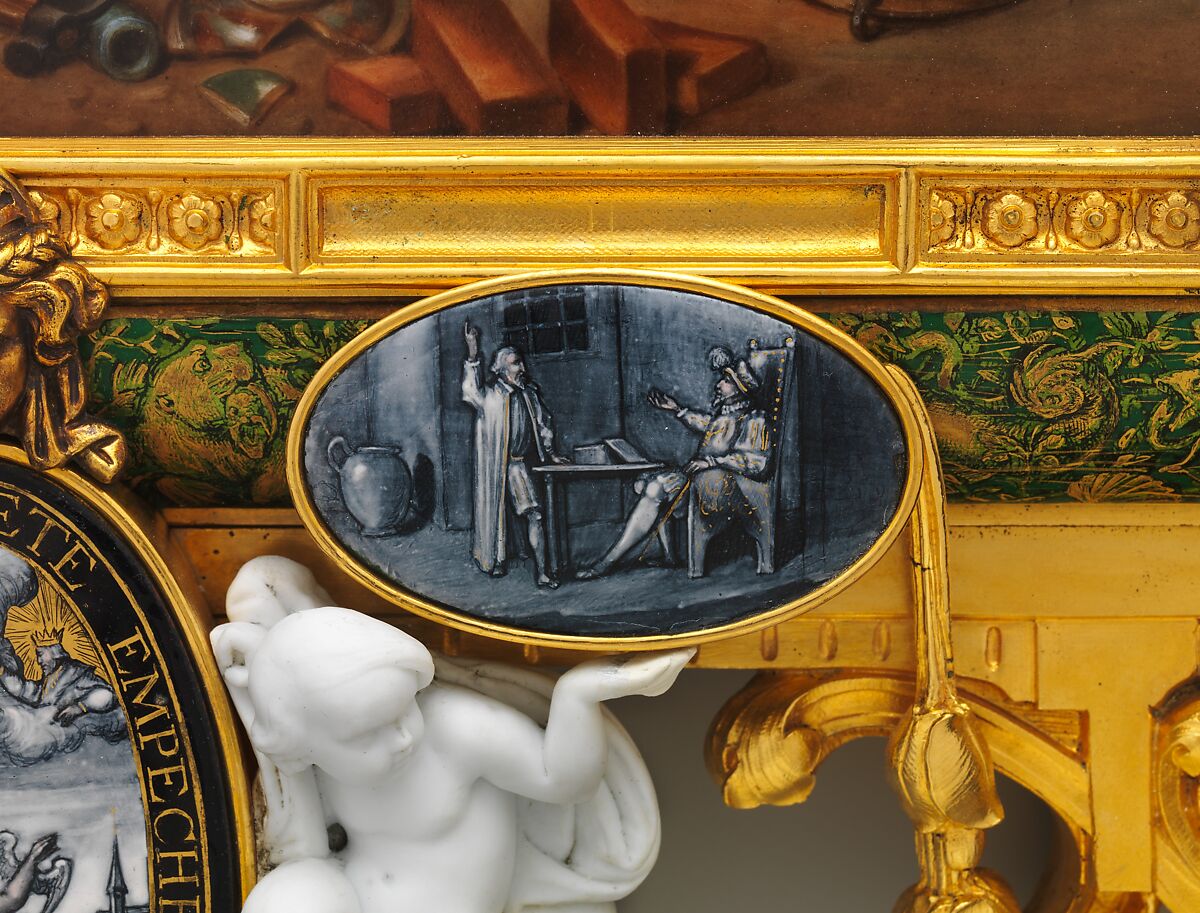 Plaque depicting Bernard Palissy, Sèvres Manufactory (French, 1740–present), Hard-paste porcelain decorated in polychrome enamels; gilt-bronze, polychrome enamel, biscuit-porcelain frame, French, Sèvres