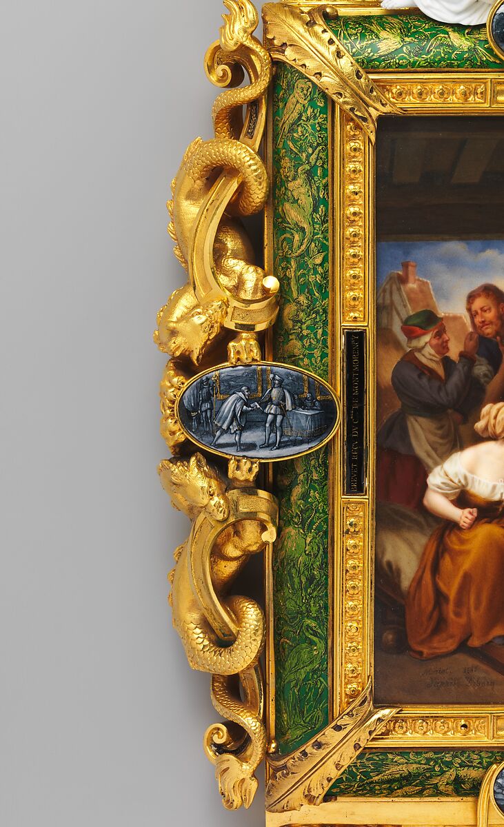 Plaque depicting Bernard Palissy, Sèvres Manufactory (French, 1740–present), Hard-paste porcelain decorated in polychrome enamels; gilt-bronze, polychrome enamel, biscuit-porcelain frame, French, Sèvres
