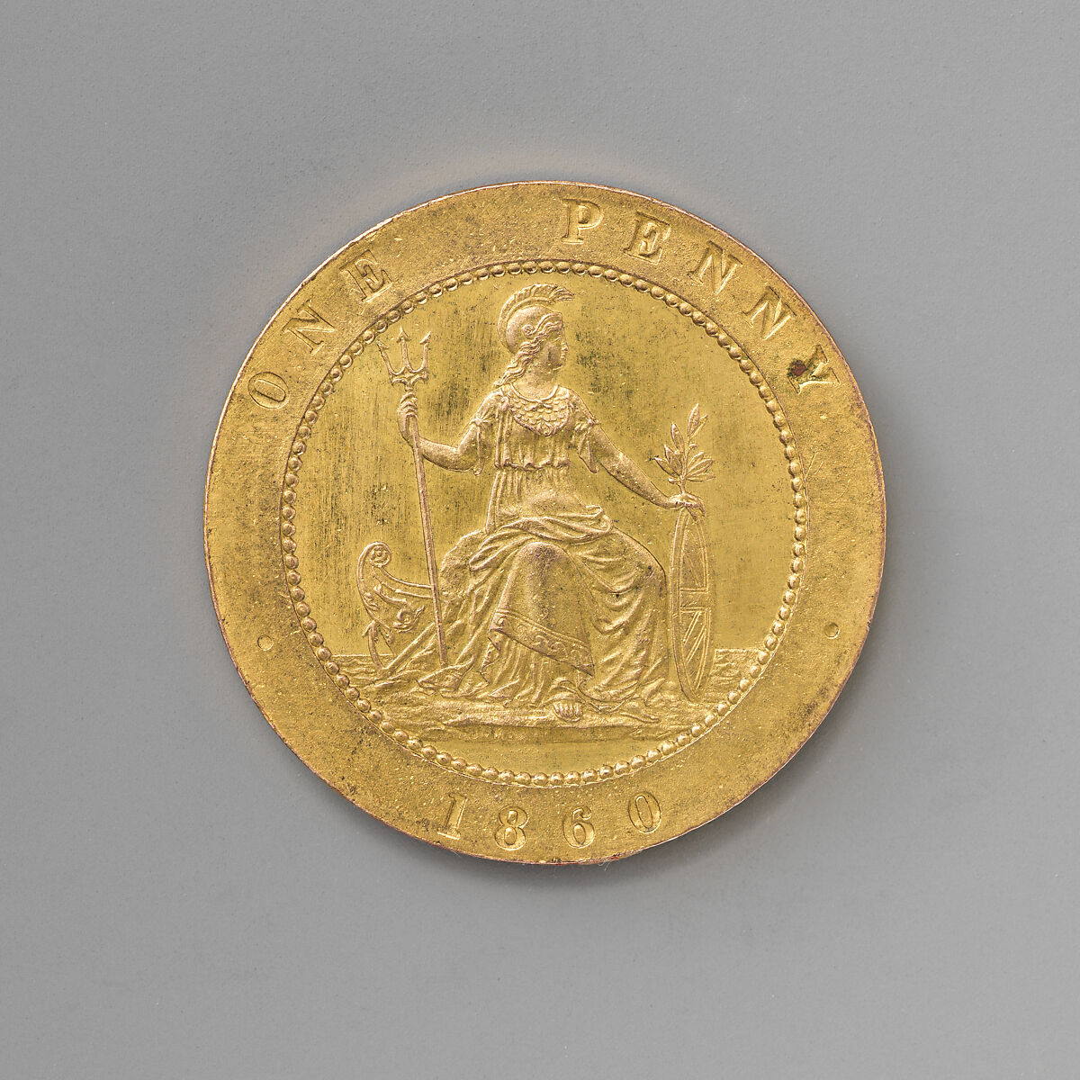 Pattern penny of Queen Victoria, Medalist: Joseph Moore (British, Birmingham 1817–1892 Birmingham), Gilt copper, British