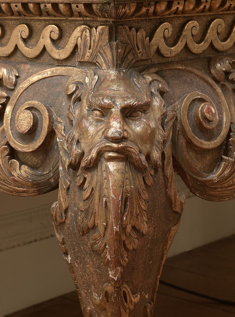 Side table (one of a pair), After a design by Matthias Lock (British, London ca. 1710–ca. 1765 London), Carved gilded pine with modern scagliola top, British