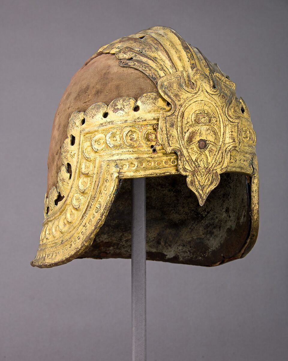 Sallet alla Veneziana, Steel, copper alloy, gold, velvet, Italian 