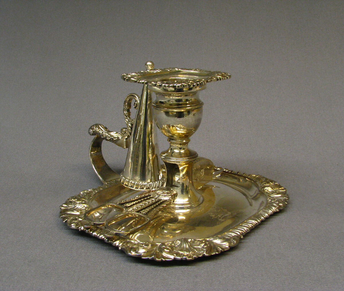 Chamber candlestick, Rebecca Emes (active 1808–after 1825), Silver gilt, British, London 