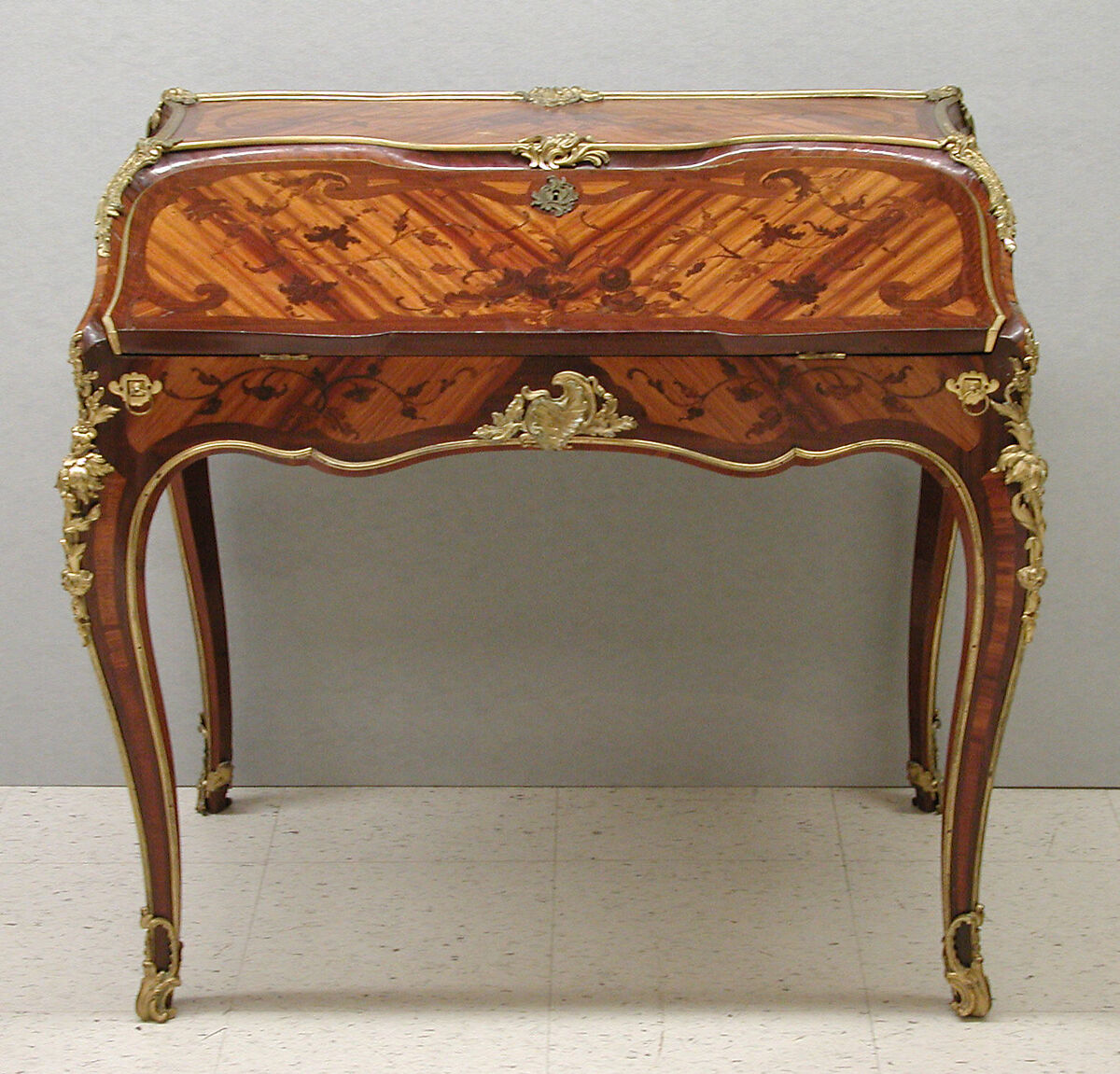 Slant-top desk (secrétaire en pente), Attributed to Bernard II van Risenburgh (ca. 1696–ca. 1767), Oak veneered with bois satiné and end cut wood, leather, gilt bronze, French 