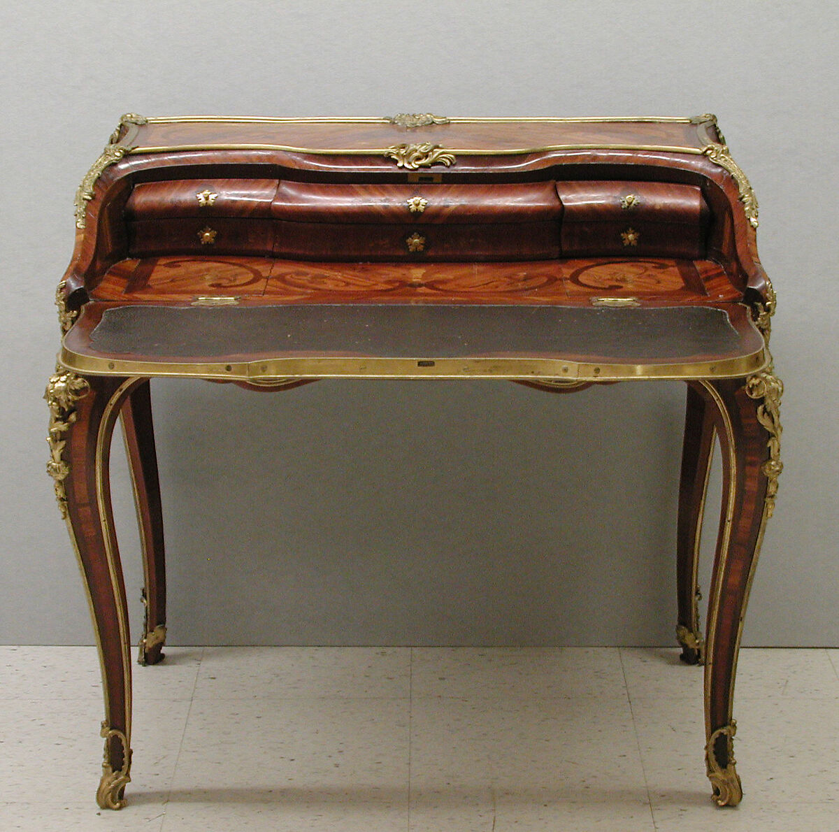 Slant-top desk (secrétaire en pente), Attributed to Bernard II van Risenburgh (ca. 1696–ca. 1767), Oak veneered with bois satiné and end cut wood, leather, gilt bronze, French