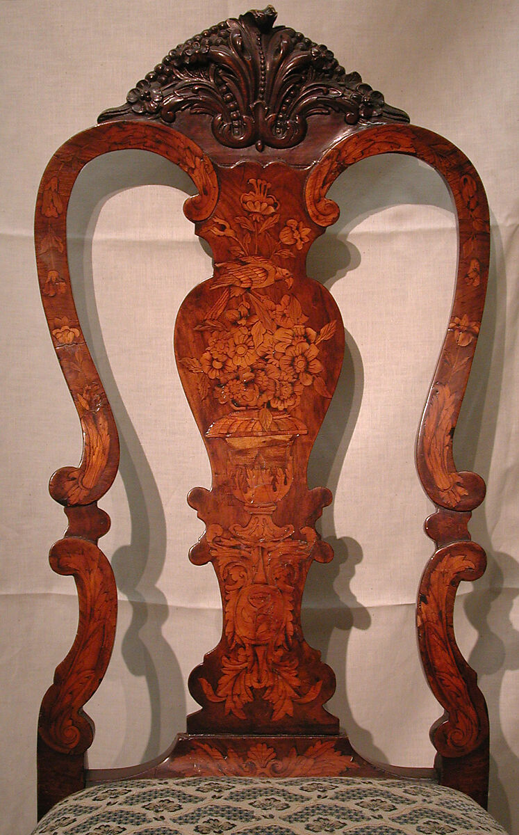 Side chair (one of a pair), Walnut, marquetry woods; the marquetry added at a later time, probably in the late 19th century, Dutch