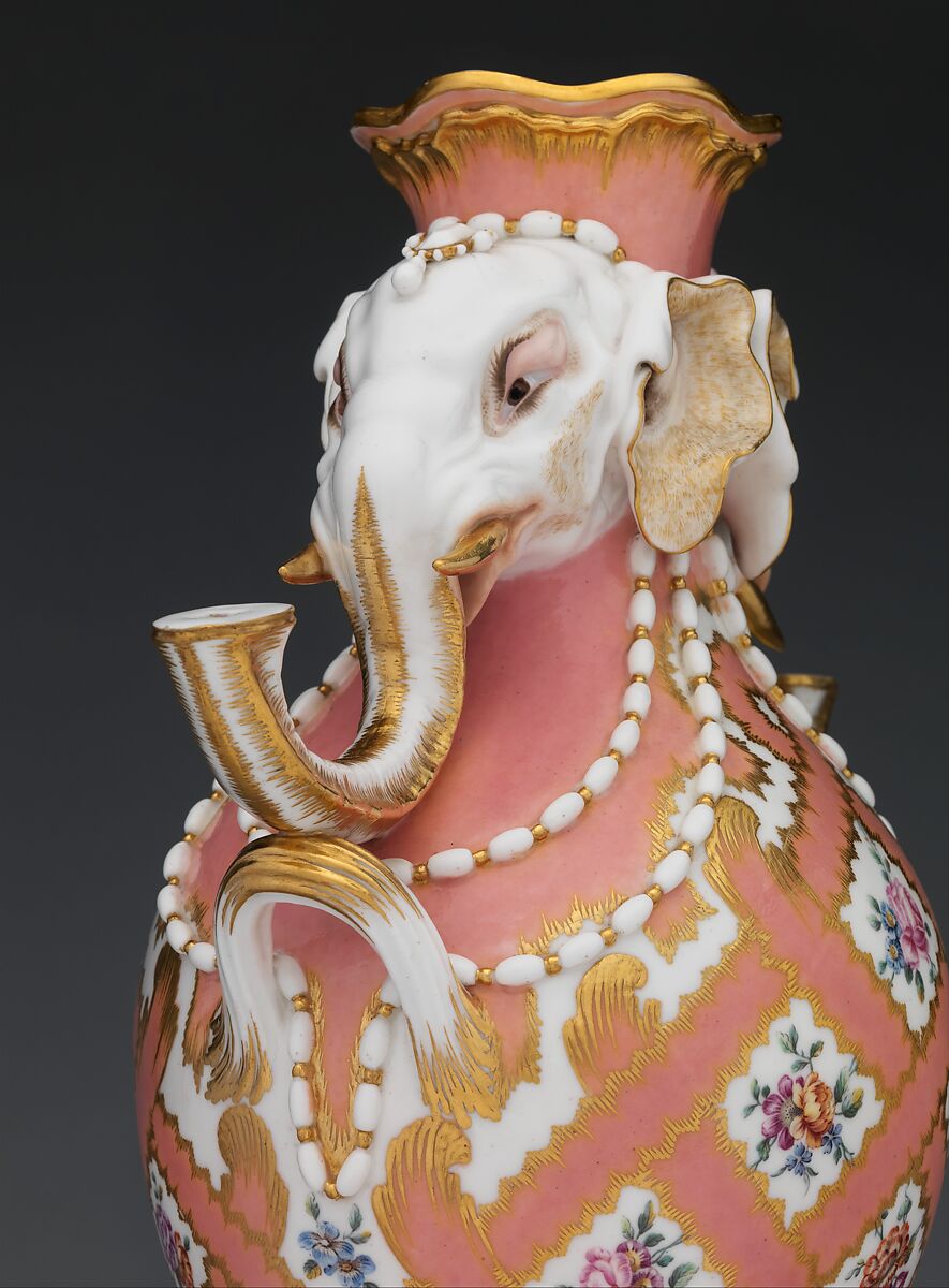 Vase (vase à tête d'éléphant) (one of a pair), Jean-Claude Duplessis (French, ca. 1695–1774, active 1748–74), Soft-paste porcelain decorated in polychrome enamels, gold, French, Sèvres