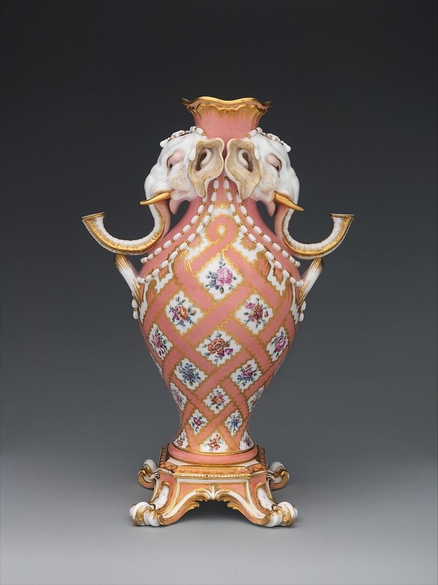 Vase (vase à tête d'éléphant) (one of a pair), Jean-Claude Duplessis (French, ca. 1695–1774, active 1748–74), Soft-paste porcelain decorated in polychrome enamels, gold, French, Sèvres 