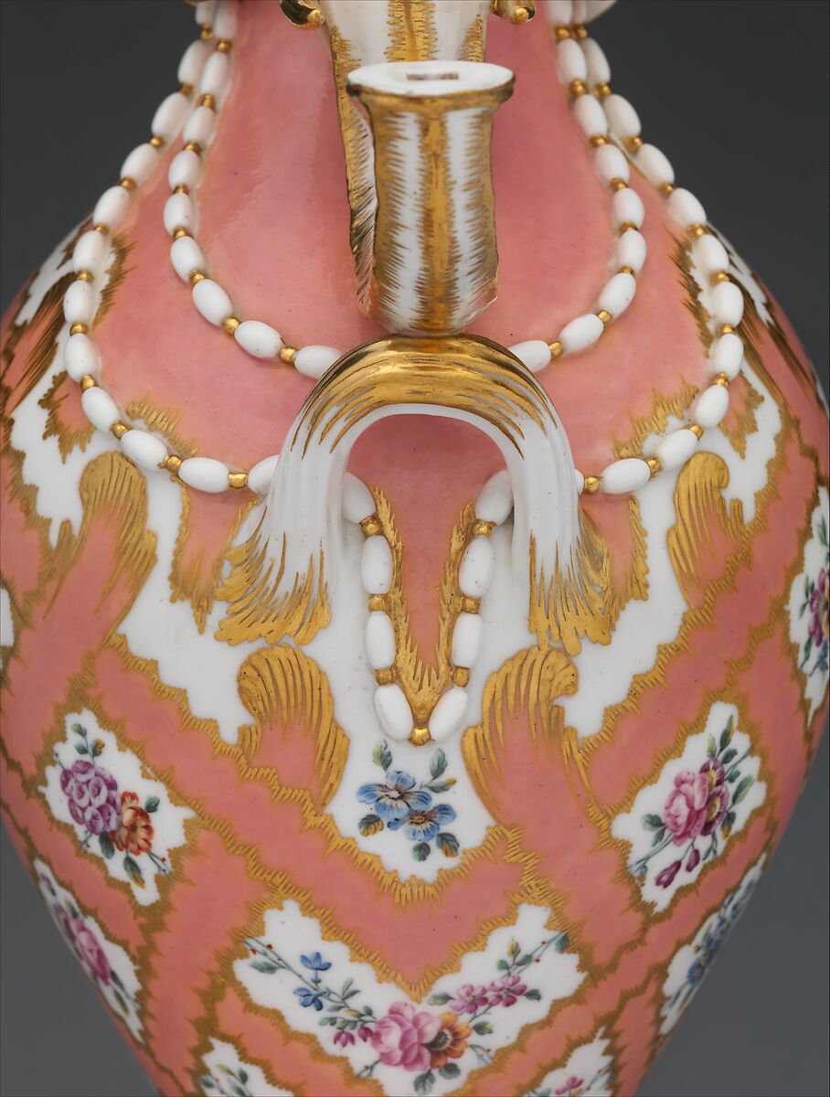 Vase (vase à tête d'éléphant) (one of a pair), Jean-Claude Duplessis (French, ca. 1695–1774, active 1748–74), Soft-paste porcelain decorated in polychrome enamels, gold, French, Sèvres