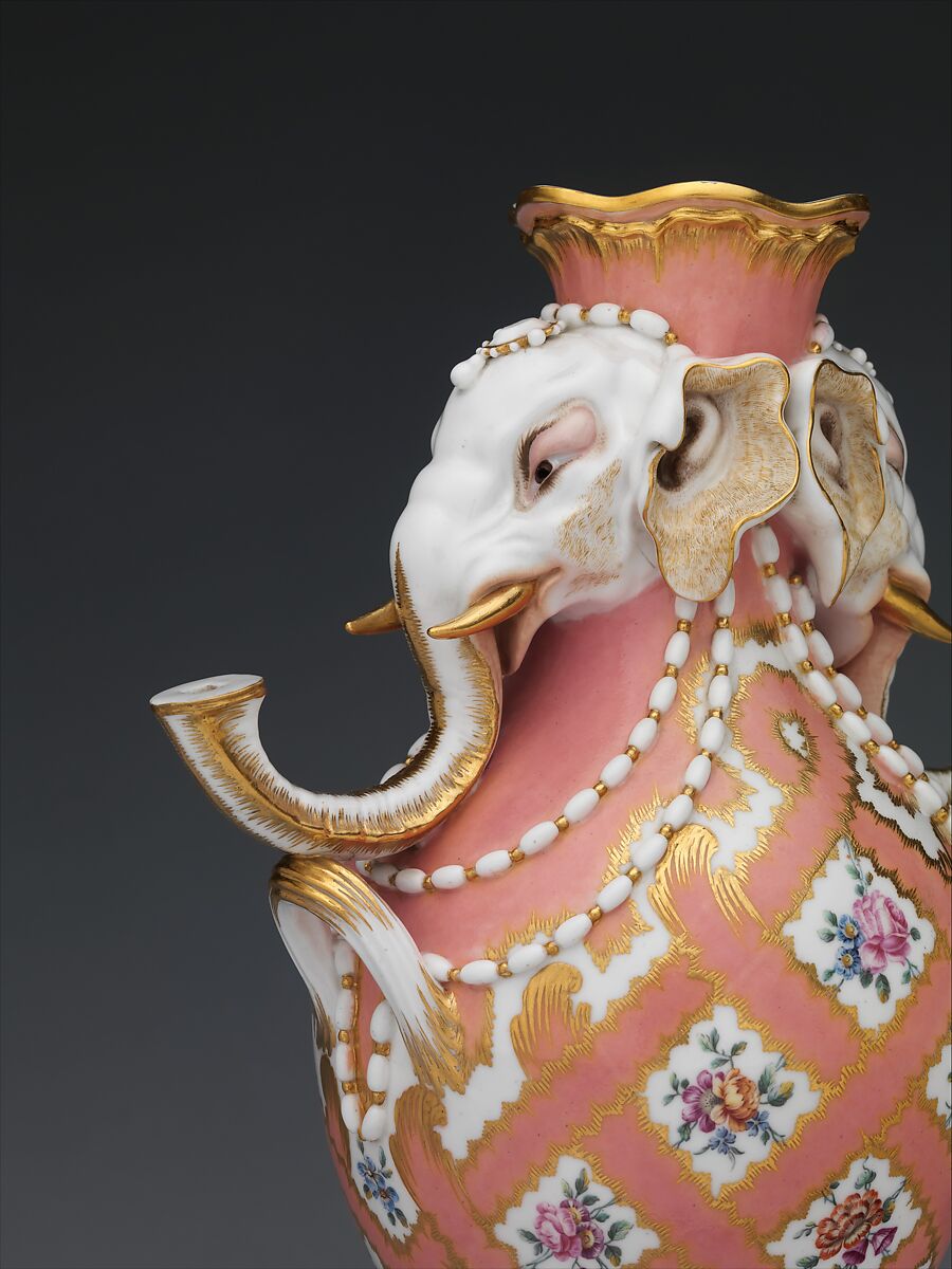 Vase (vase à tête d'éléphant) (one of a pair), Jean-Claude Duplessis (French, ca. 1695–1774, active 1748–74), Soft-paste porcelain decorated in polychrome enamels, gold, French, Sèvres