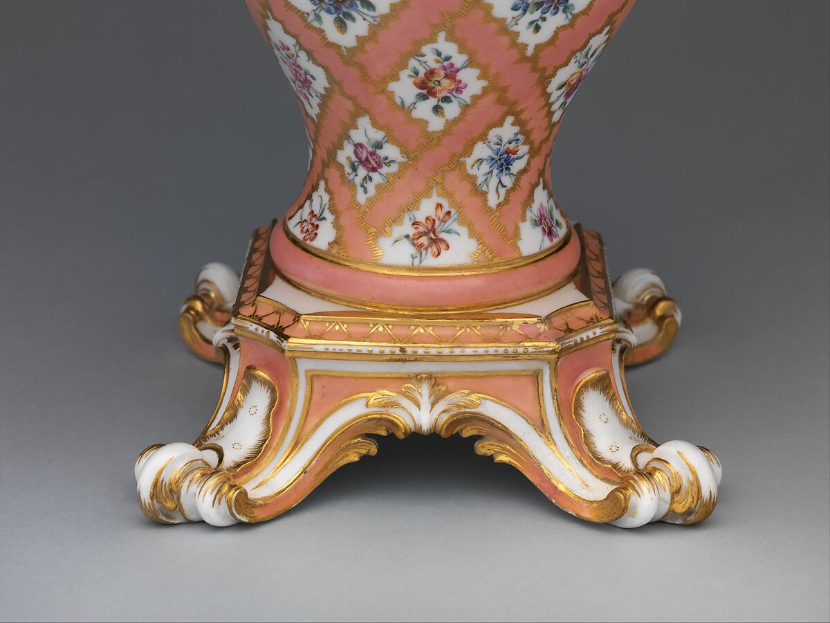 Vase (vase à tête d'éléphant) (one of a pair), Jean-Claude Duplessis (French, ca. 1695–1774, active 1748–74), Soft-paste porcelain decorated in polychrome enamels, gold, French, Sèvres