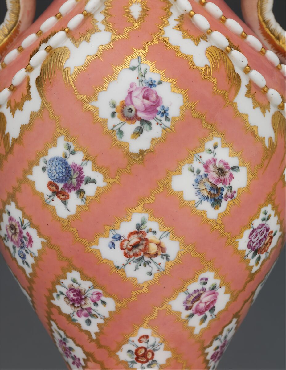Vase (vase à tête d'éléphant) (one of a pair), Jean-Claude Duplessis (French, ca. 1695–1774, active 1748–74), Soft-paste porcelain decorated in polychrome enamels, gold, French, Sèvres