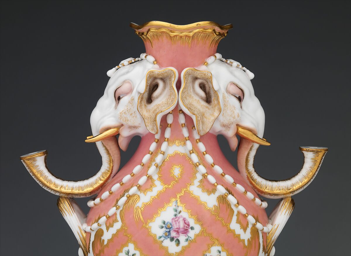 Vase (vase à tête d'éléphant) (one of a pair), Jean-Claude Duplessis (French, ca. 1695–1774, active 1748–74), Soft-paste porcelain decorated in polychrome enamels, gold, French, Sèvres
