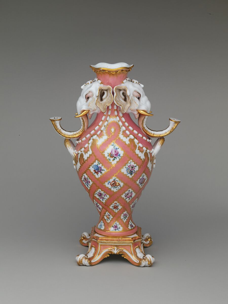 Vase (vase à tête d'éléphant) (one of a pair), Jean-Claude Duplessis (French, ca. 1695–1774, active 1748–74), Soft-paste porcelain decorated in polychrome enamels, gold, French, Sèvres