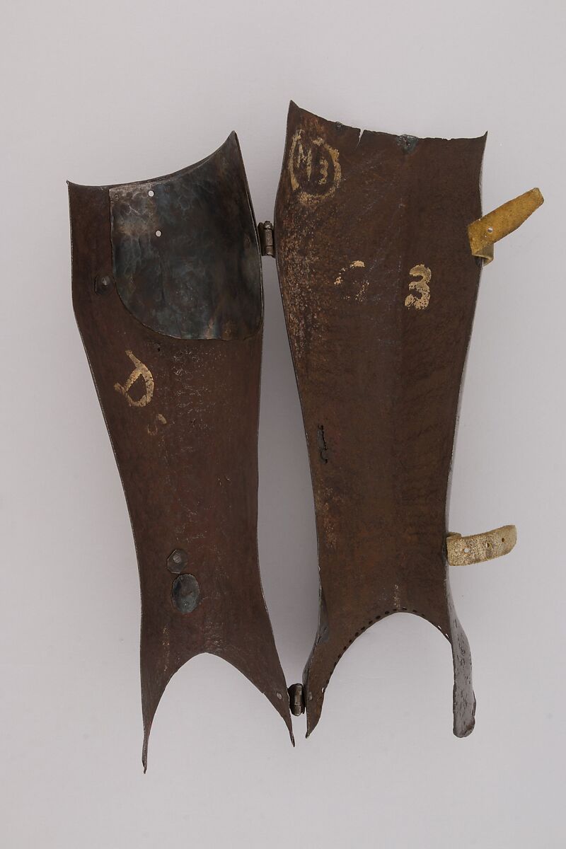 Pair of Greaves, Steel, leather, Italian