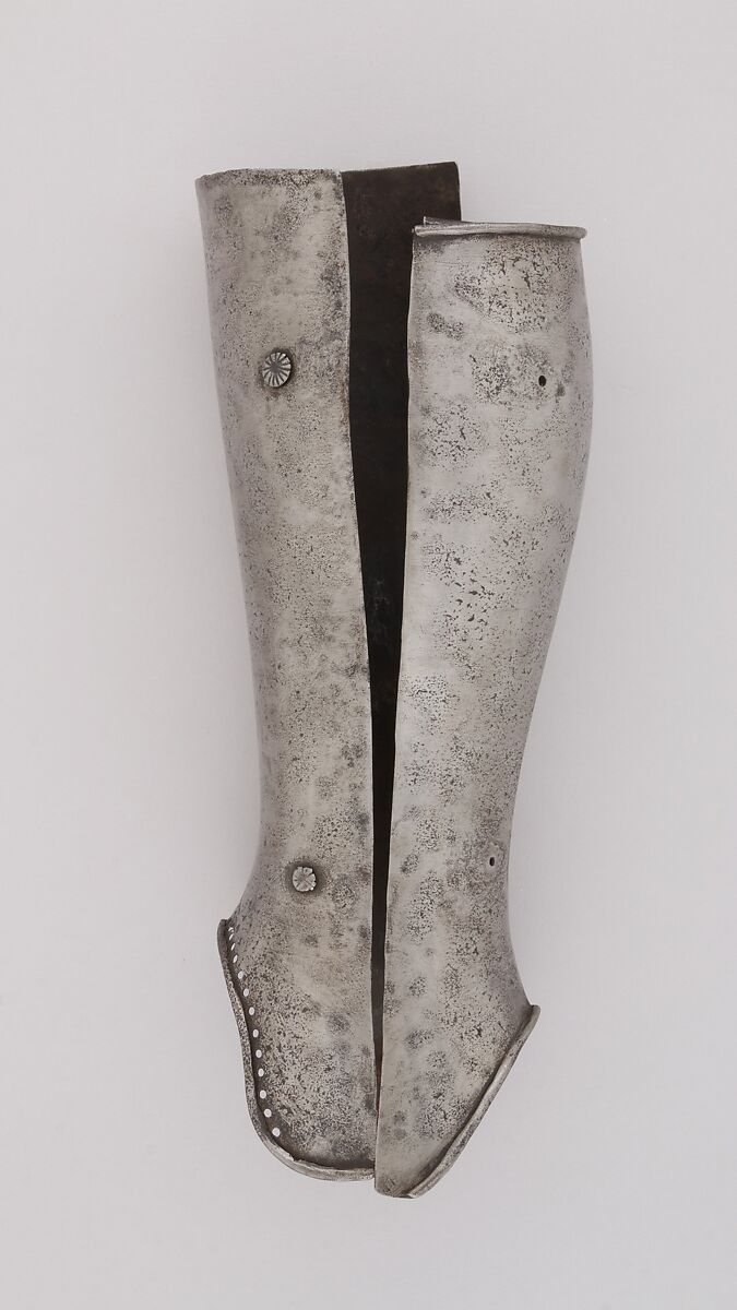 Pair of Greaves, Steel, leather, Italian