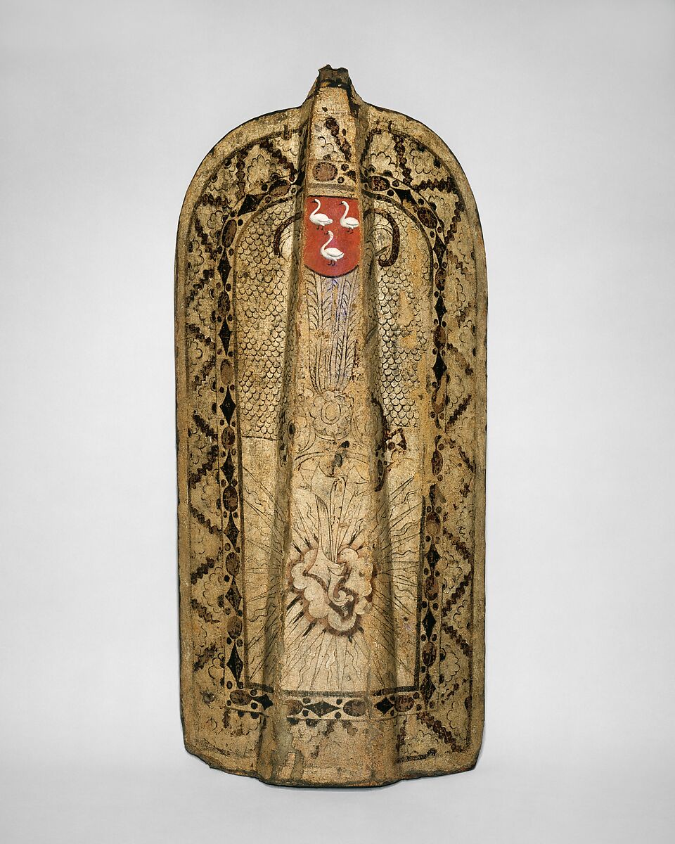 Infantry Shield (Pavise), Wood, leather, gesso, silver foil, polychromy, Bohemian, possibly Chomutov (now Czech Republic) 