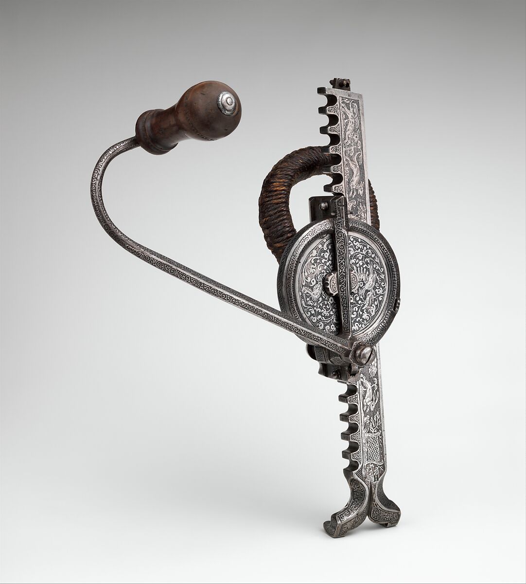 Crossbow (Halbe Rüstung) with Winder (Cranequin), Crossbow attributed to Johann Gottfried Hänisch the Elder (German, Dresden 1696–1778), Steel, wood (walnut), staghorn, copper alloy, hemp, leather, silk, gold, iron alloy, wool, crossbow, German, probably Dresden; winder, possibly German