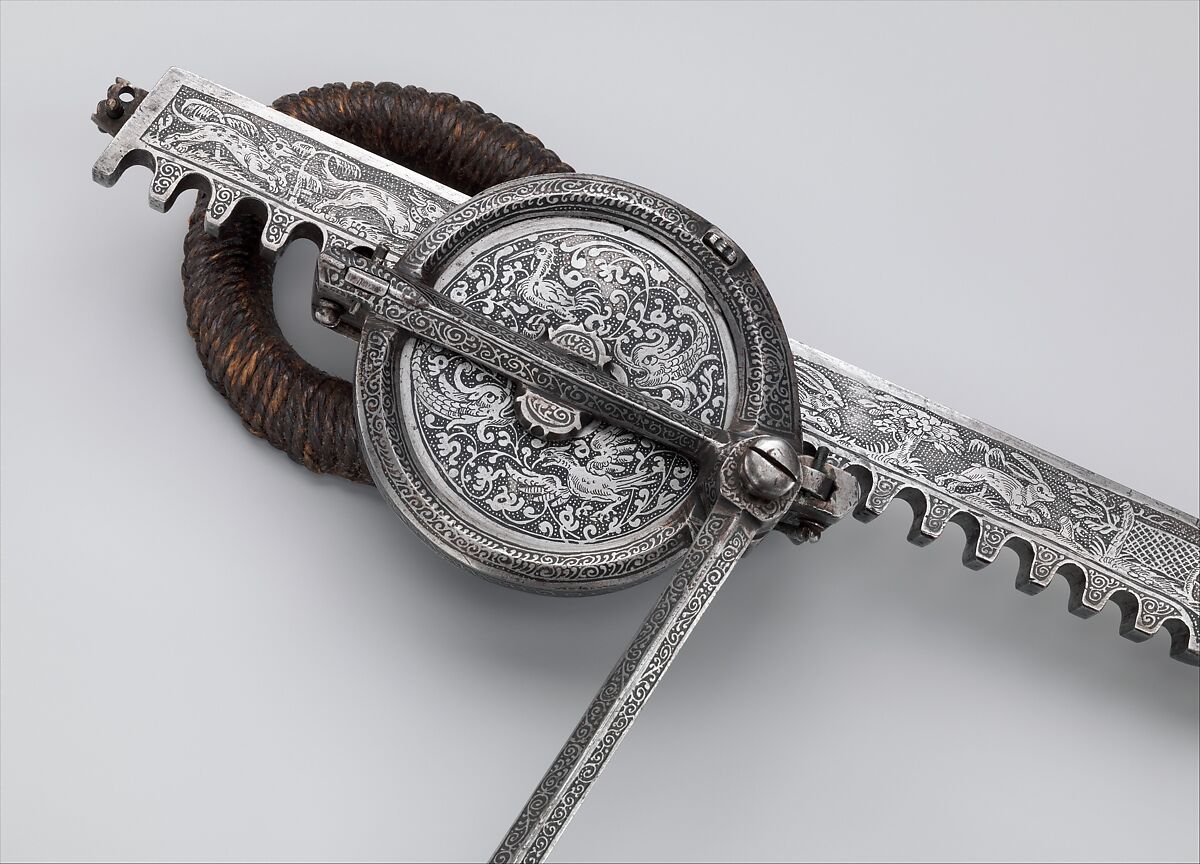 Crossbow (Halbe Rüstung) with Winder (Cranequin), Crossbow attributed to Johann Gottfried Hänisch the Elder (German, Dresden 1696–1778), Steel, wood (walnut), staghorn, copper alloy, hemp, leather, silk, gold, iron alloy, wool, crossbow, German, probably Dresden; winder, possibly German