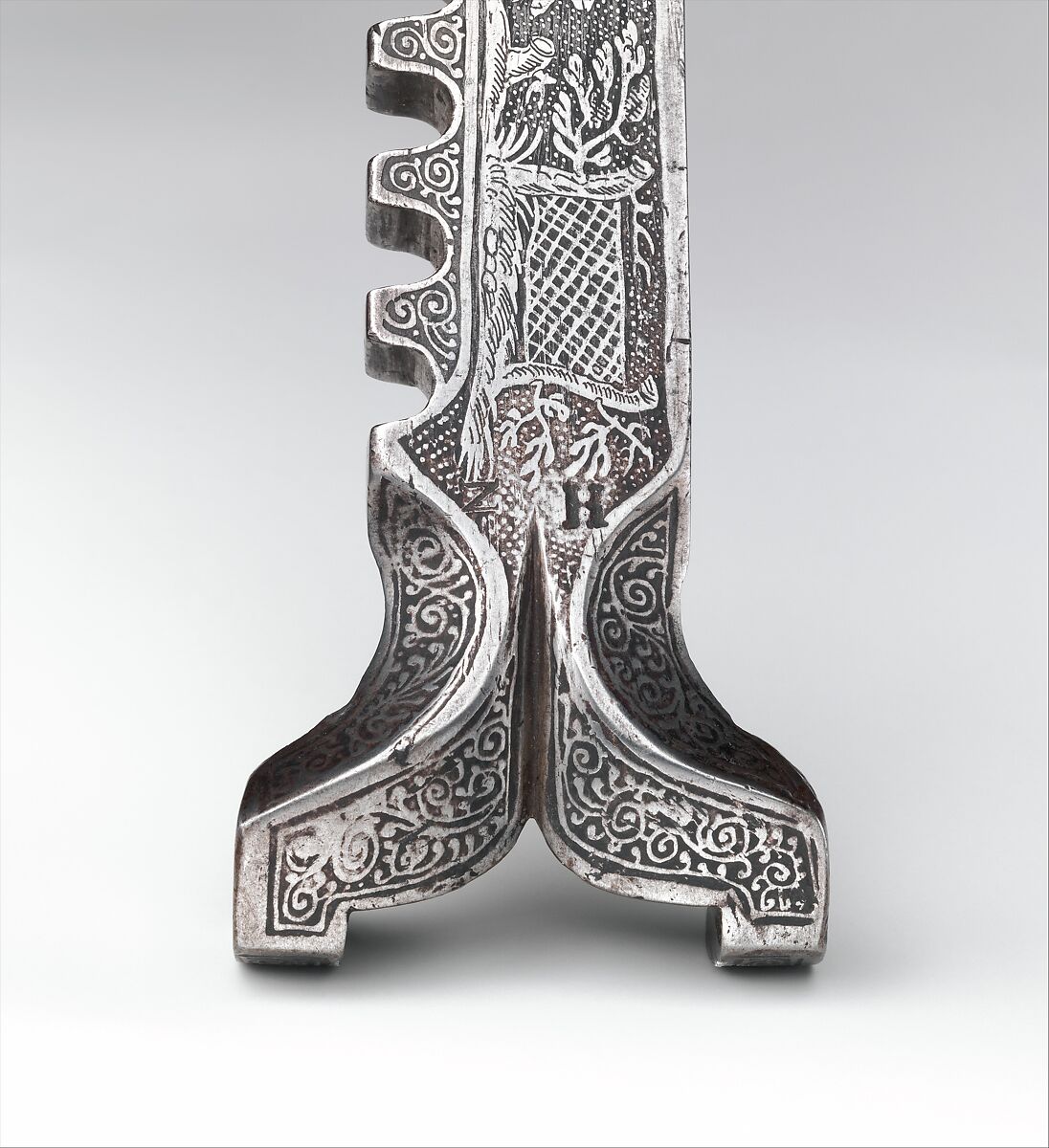 Crossbow (Halbe Rüstung) with Winder (Cranequin), Crossbow attributed to Johann Gottfried Hänisch the Elder (German, Dresden 1696–1778), Steel, wood (walnut), staghorn, copper alloy, hemp, leather, silk, gold, iron alloy, wool, crossbow, German, probably Dresden; winder, possibly German