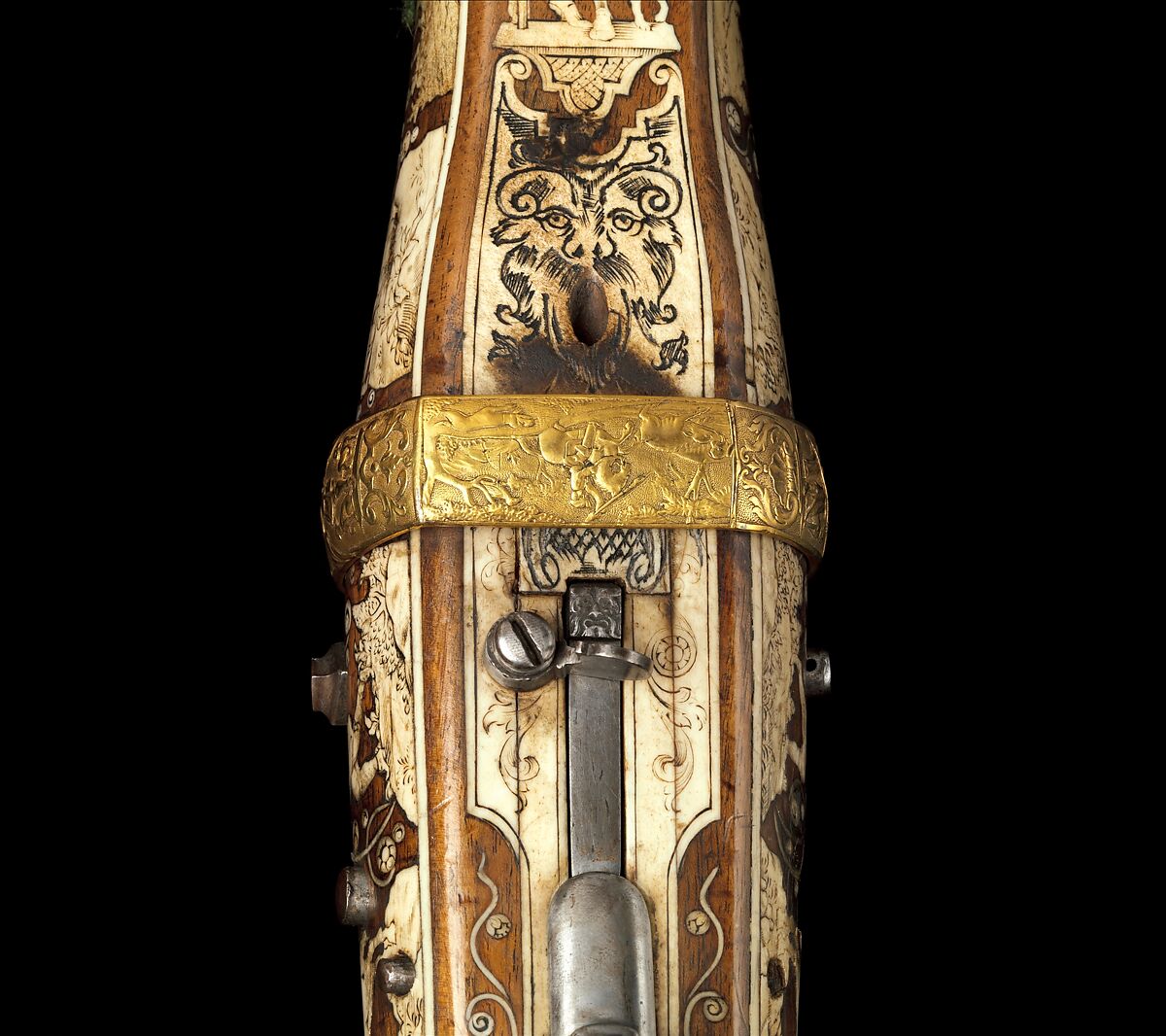 Crossbow (Halbe Rüstung) with Winder (Cranequin), Crossbow attributed to Johann Gottfried Hänisch the Elder (German, Dresden 1696–1778), Steel, wood (walnut), staghorn, copper alloy, hemp, leather, silk, gold, iron alloy, wool, crossbow, German, probably Dresden; winder, possibly German