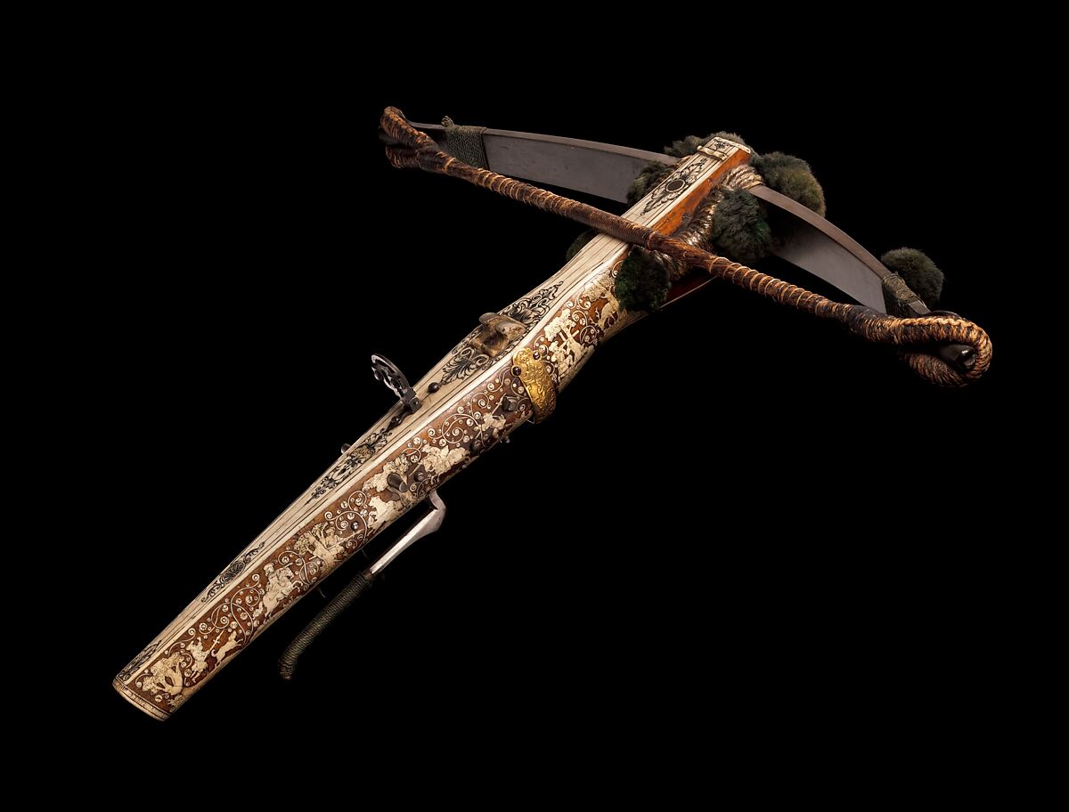 Crossbow (Halbe Rüstung) with Winder (Cranequin), Crossbow attributed to Johann Gottfried Hänisch the Elder (German, Dresden 1696–1778), Steel, wood (walnut), staghorn, copper alloy, hemp, leather, silk, gold, iron alloy, wool, crossbow, German, probably Dresden; winder, possibly German 