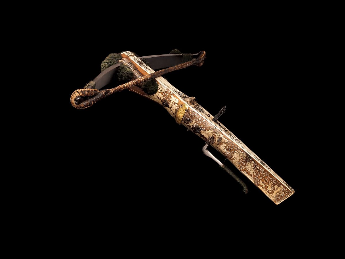 Crossbow (Halbe Rüstung) with Winder (Cranequin), Crossbow attributed to Johann Gottfried Hänisch the Elder (German, Dresden 1696–1778), Steel, wood (walnut), staghorn, copper alloy, hemp, leather, silk, gold, iron alloy, wool, crossbow, German, probably Dresden; winder, possibly German