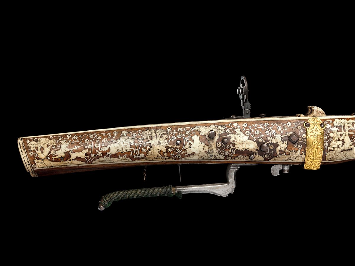 Crossbow (Halbe Rüstung) with Winder (Cranequin), Crossbow attributed to Johann Gottfried Hänisch the Elder (German, Dresden 1696–1778), Steel, wood (walnut), staghorn, copper alloy, hemp, leather, silk, gold, iron alloy, wool, crossbow, German, probably Dresden; winder, possibly German